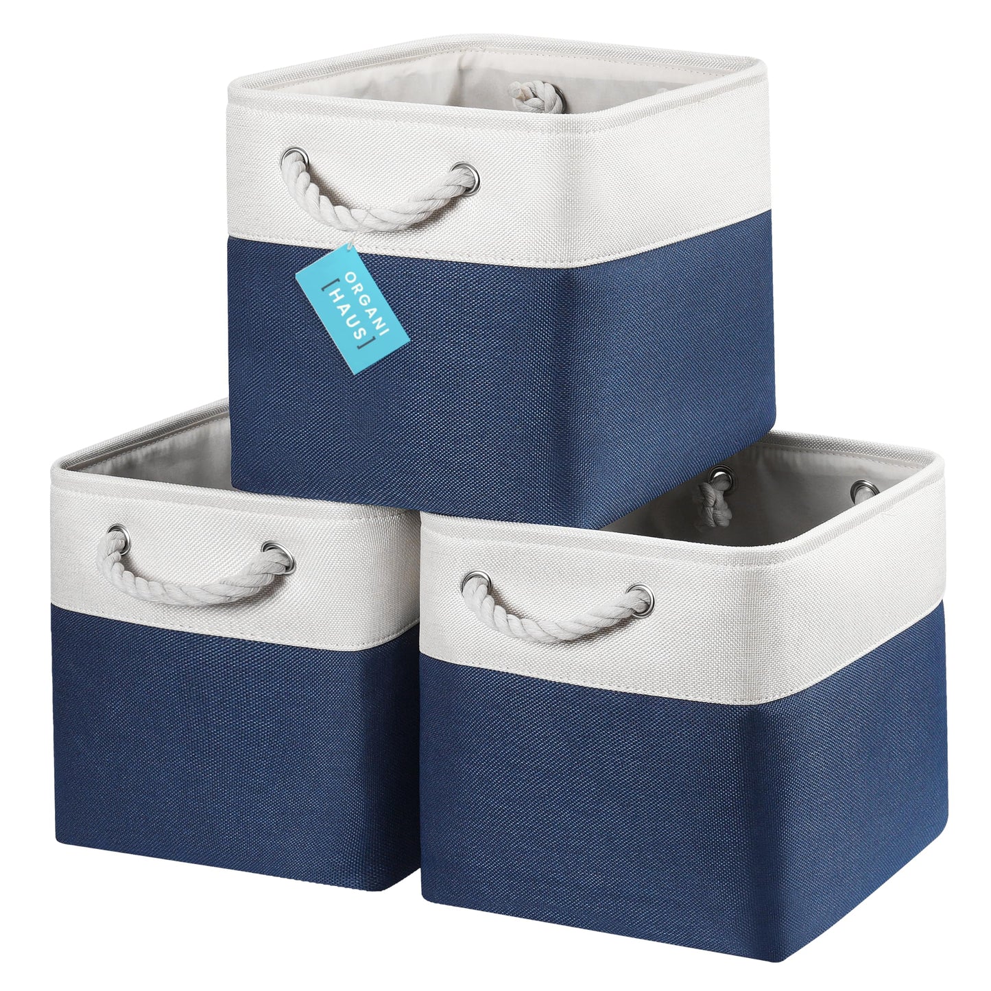 OrganiHaus Fabric Storage Boxes, Set of 3 Foldable 28x28 Cube Organiser Bins with Rope Handles for Shelves, Nursery & Closet