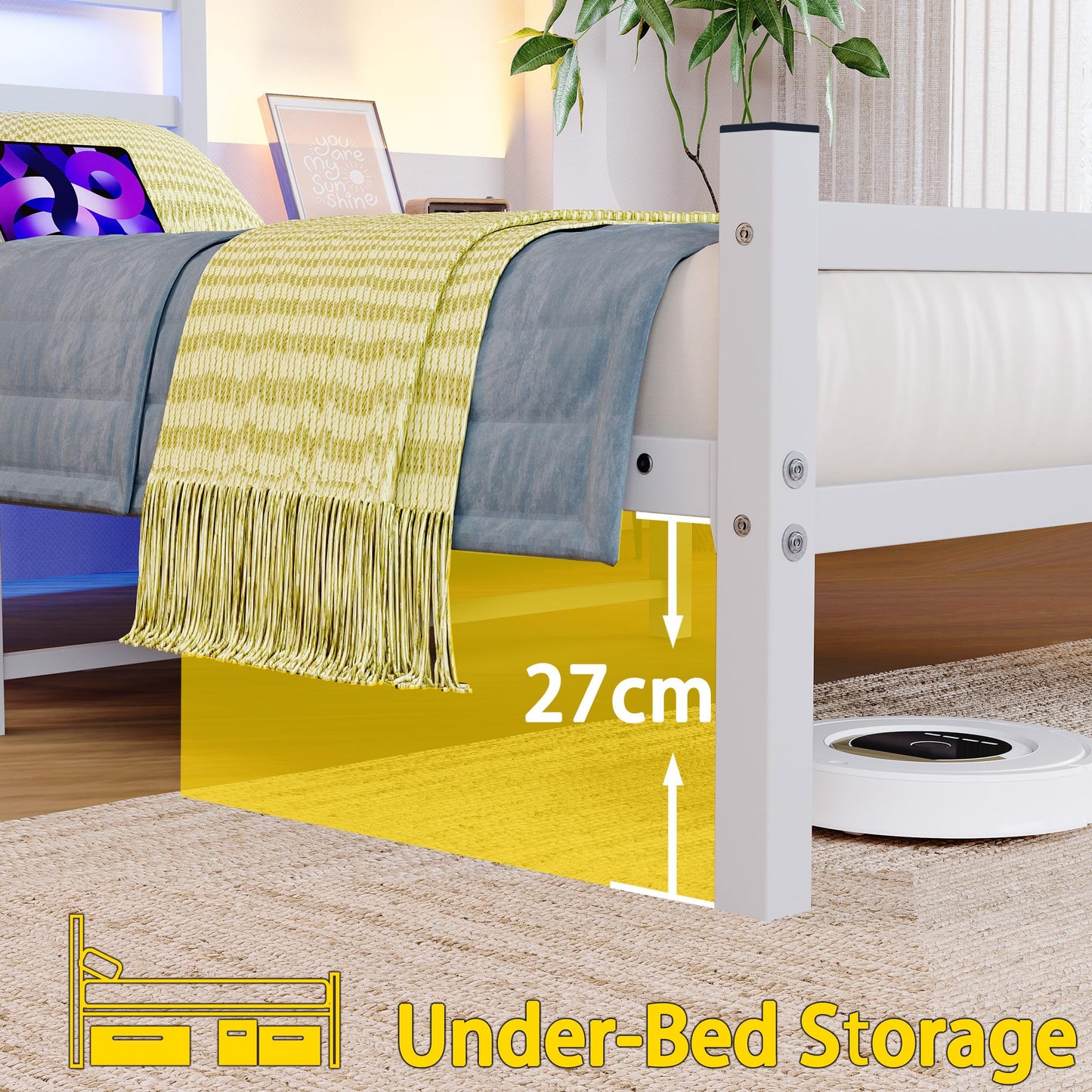 BORPHOM 3ft Single Bed Frame with Headboard & LED Lights,Heavy Duty Metal Platform Bed Frame with Charging Station,Mattress Base/Strong Steel Slats