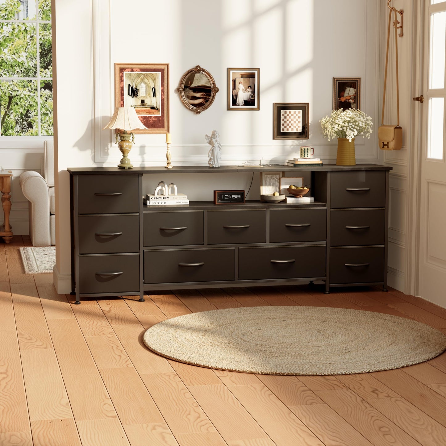 VERMESS 63" Tv Cabinet, Dresser for Bedroom with 11 Fabric Drawers, TV Stand with Power Socket for TVs up to 70", TV Units for Living Room, Bedroom