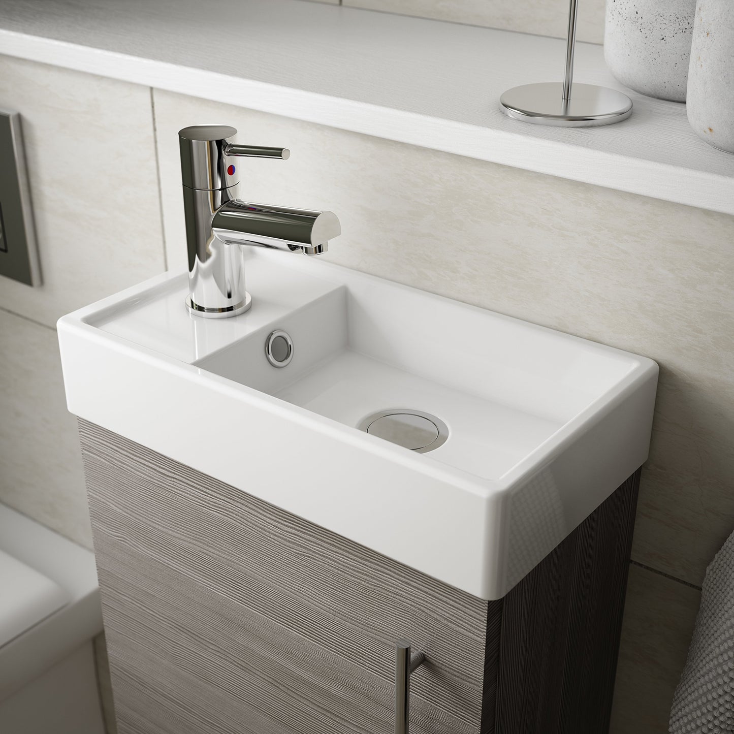 Nuie MIN009 Vault Modern Bathroom Single Soft Close Door Wall Hung Vanity Unit with 1 Tap Hole Ceramic Basin, 400mm, Woodgrain Anthracite