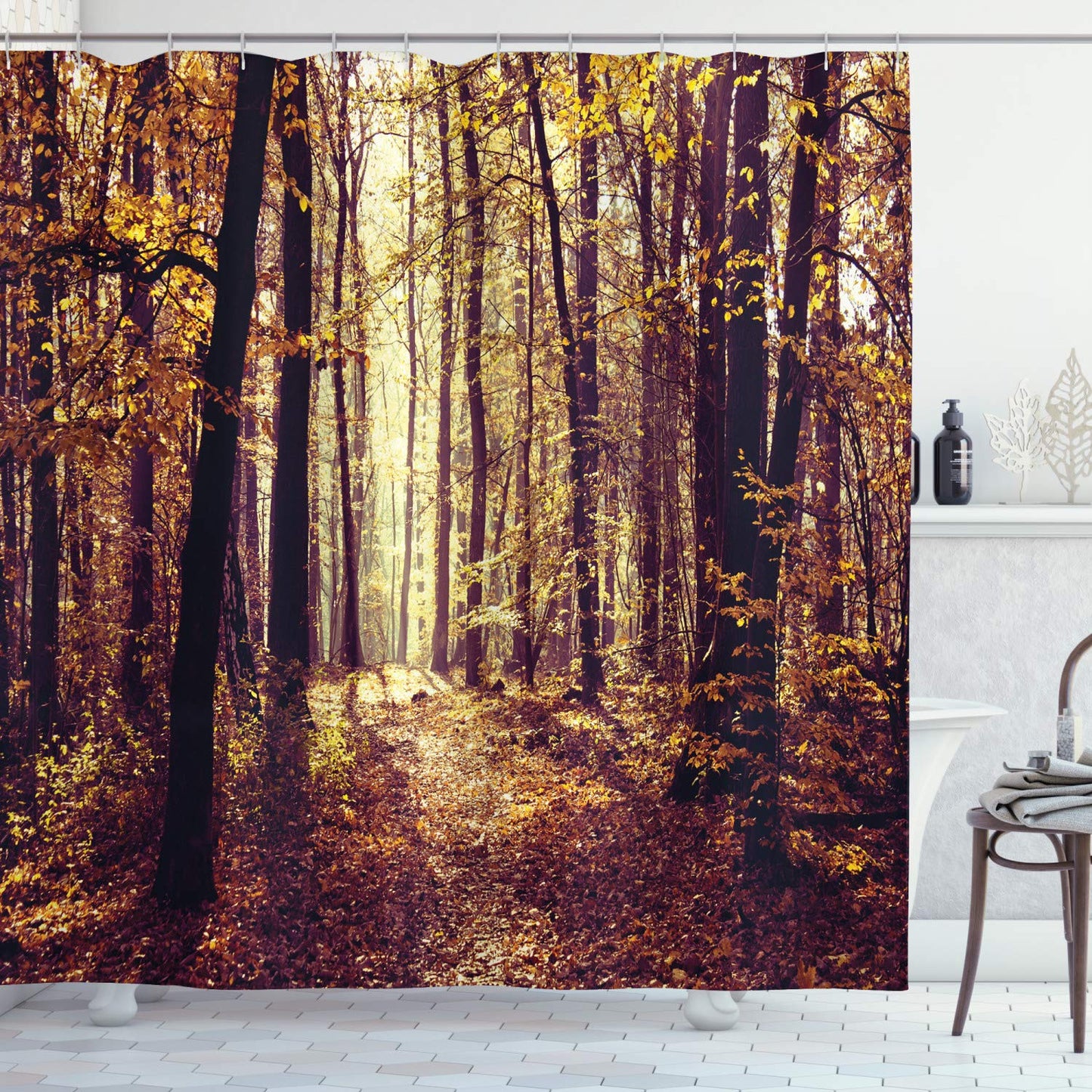 ABAKUHAUS Forest Shower Curtain, Mysterious Atmosphere Misty Woods Tree Nature Landscape Image, Cloth Fabric Bathroom Decor Set with Hooks, 94 Inches,
