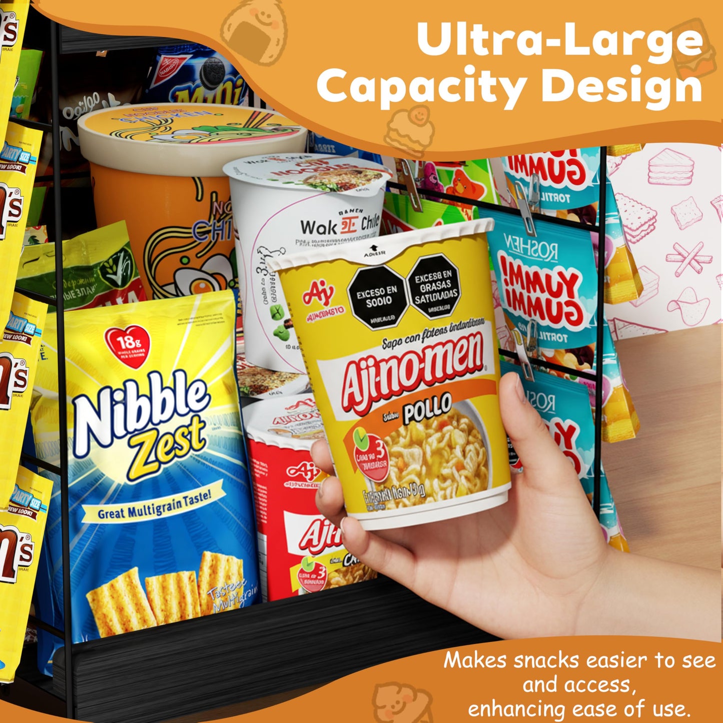 Emfogoo 5-Tier Rotating Snack Organiser with Advertising Board, Chip Display Rack with 360° Spinning Wooden Base & 50 Clips, for Concession Stand