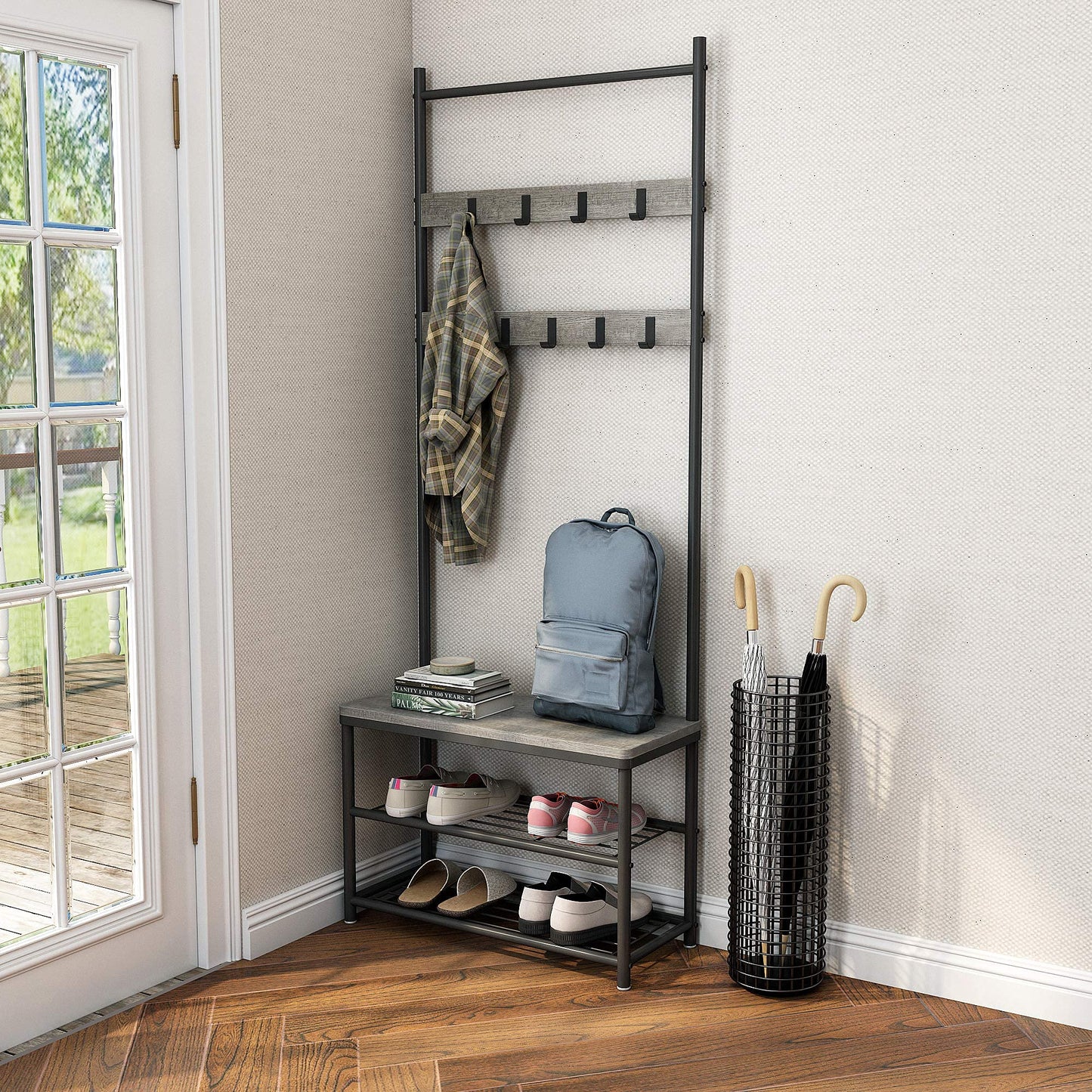 Mondeer Coat Rack Stand, Shoe Rack, Coat Rack Stand, Clothes Rack, Shoe Storage Bench with 9 Hooks, Metal Hall Tree, Metal Frame for Bedroom, Living