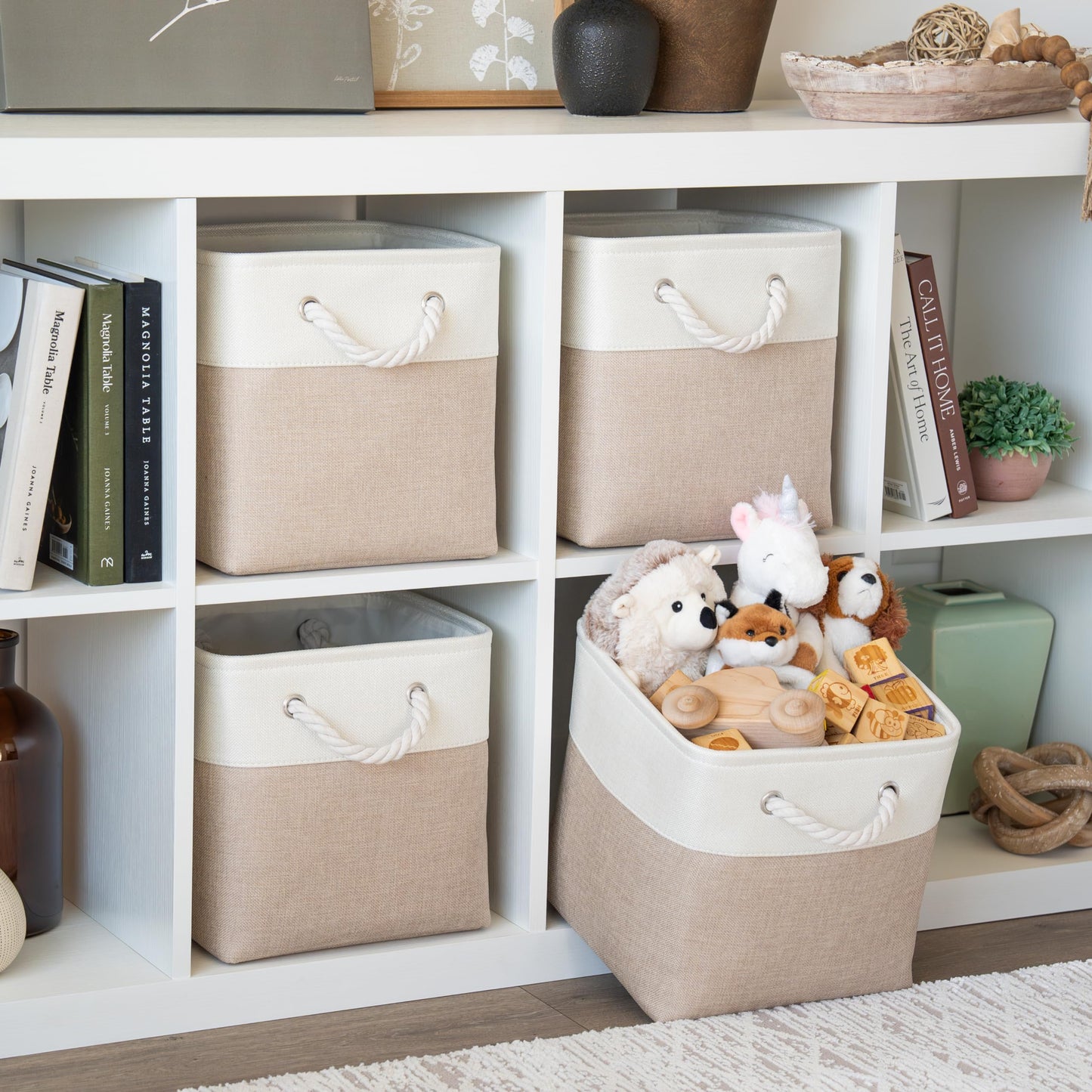 OrganiHaus Fabric Storage Boxes, Set of 4 Foldable 28x28 Cube Organiser Bins with Rope Handles for Shelves, Nursery & Closet