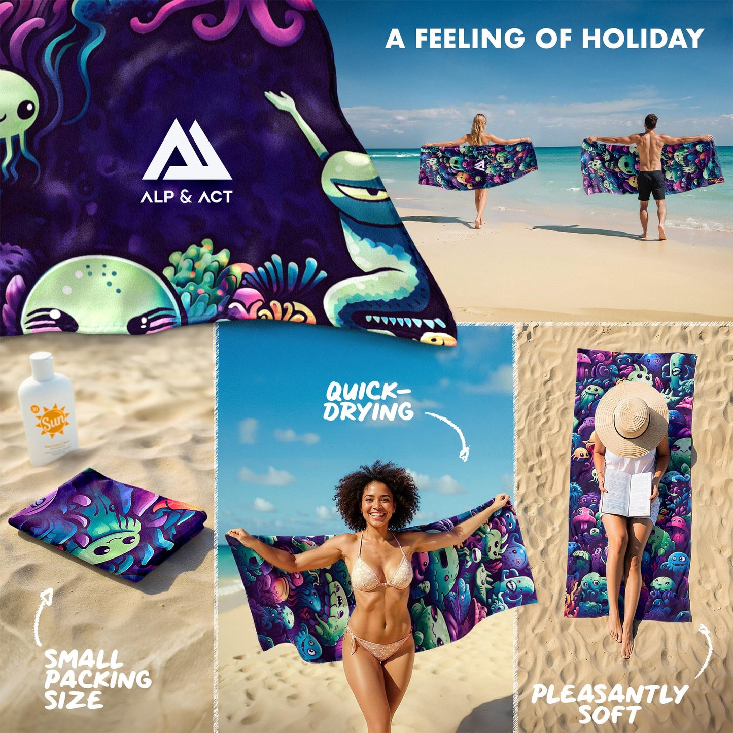 ALP & ACT Beach Towel XXL 200x90 cm - 100% Recycled Microfiber - SUPER LIGHTWEIGHT & Quick Dry - Large Microfiber Towels for Beach & Sun Lounger