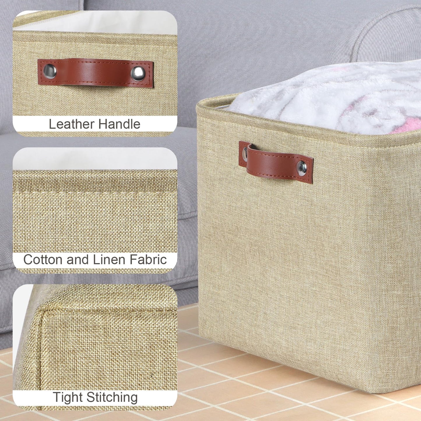 Syeeiex Large Storage Baskets for Shelves with Leather Handle, 3 Pack Fabric Stoarge baskets for Organizing Home, Toys, Office, Clothes (Natural)