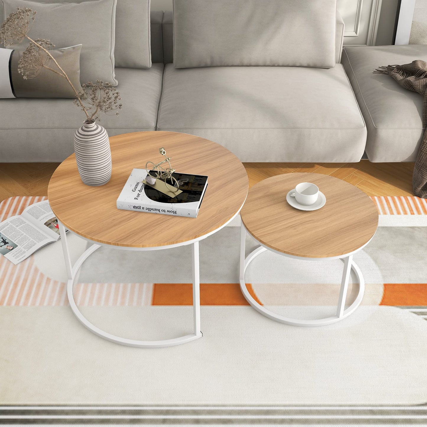 BOFENG Round Nesting Coffee Table,Set of 2 End Tables for Living Room/Bedroom/Small Space,Easy Assembly(White+Oakdk, Set of 2)