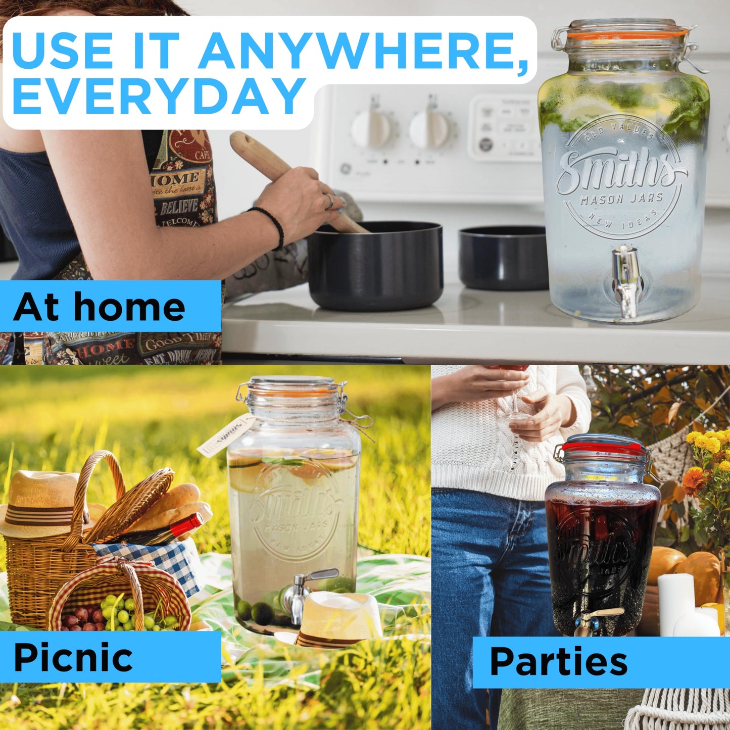 Smith's Mason Jars 5 Liter Glass Drinks Dispenser with Stainless Tap Spigot | Punch Dispenser | Drink Pitcher with Spout | Ideal for Outdoor Picnic