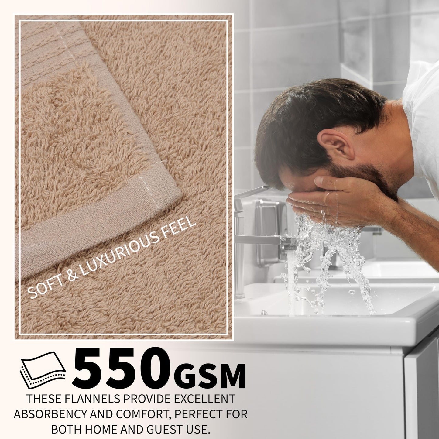 CityComfort Flannels Pack of 12 Face Towels 100% Cotton 550 GSM 30x30cm Highly Absorbent Soft Wash Cloth Household Essentials (Brown - 12 Pack)