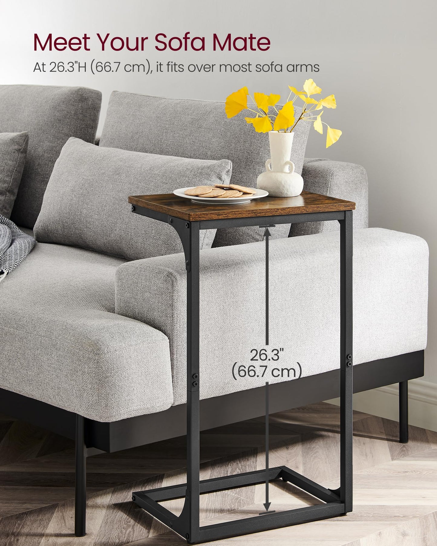 VASAGLE C-Shaped Side Table, Bedside Table, Sofa Side Table, with Metal Frame, Industrial, for Living Room, Bedroom, Rustic Brown and Black LET353B01