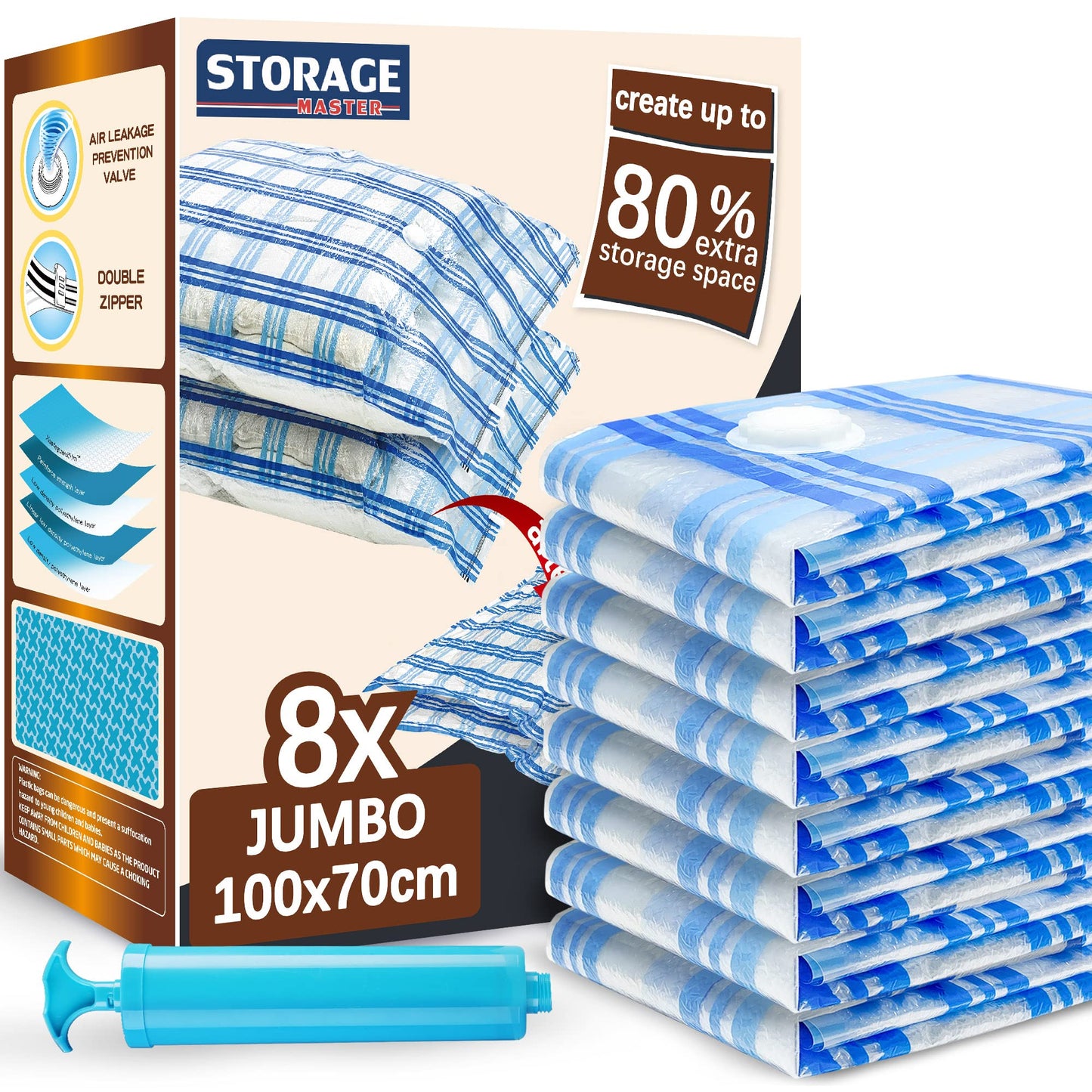 STORAGE MASTER Vacuum Storage Bags, Space Saver Bags 80% More Storage Space, With Hand Pump (8, Jumbo)