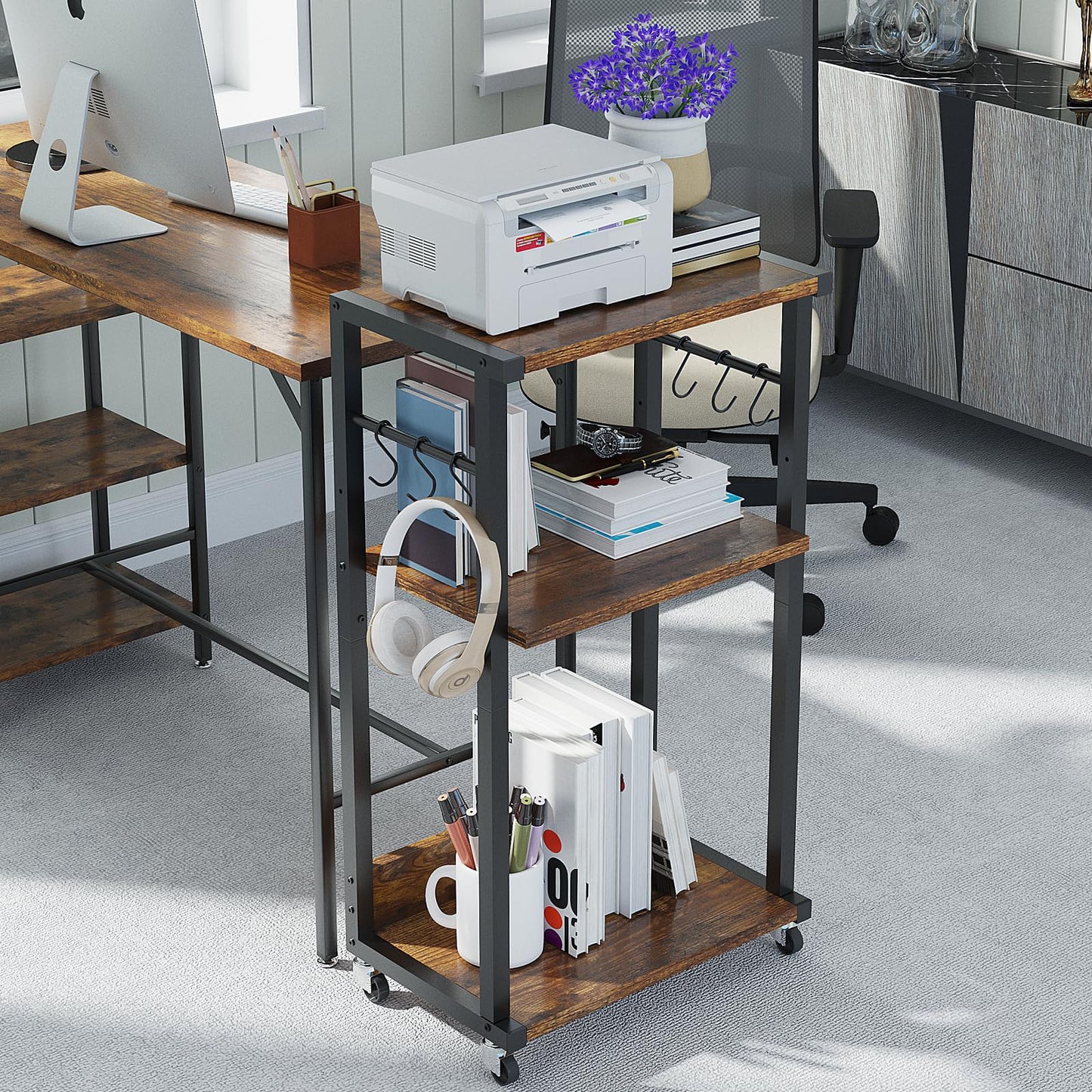 YMYNY 3 Tier Under Desk Printer Cart on Wheels Stand,Natural HPT002H