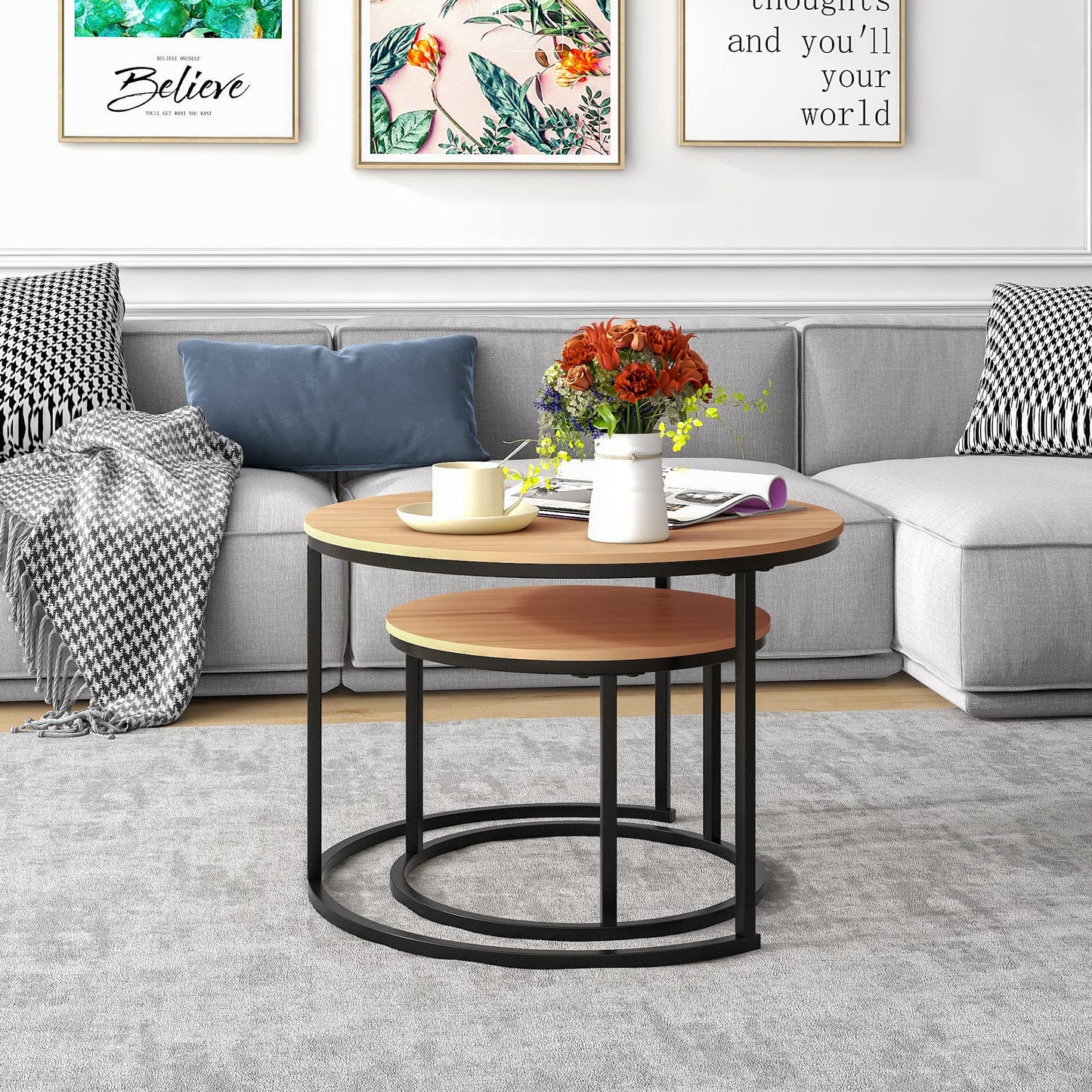 HOJINLINERO Black Round Coffee Table Set of 2 Side Table for Living Room,69.5x49cm Industrial Stacking End Tables,Wood Look Accent Furniture with