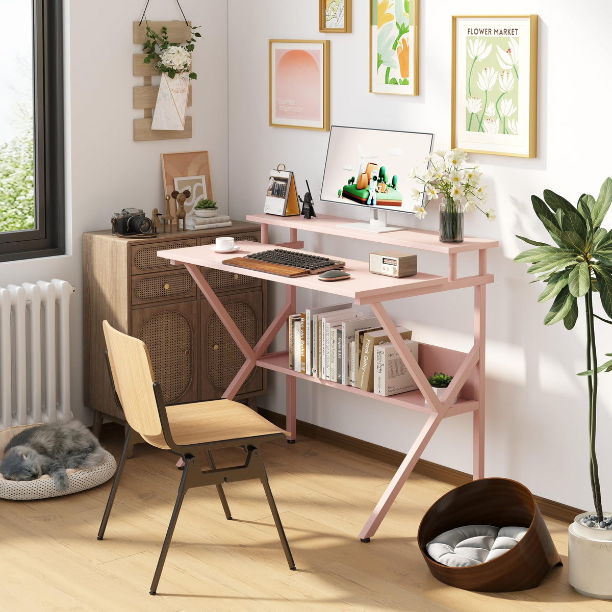 CAIYUN 70cm Computer Desk, Home Office Desk for Home, Small Desk for Spaces, Pink Small Table with Monitor Stand
