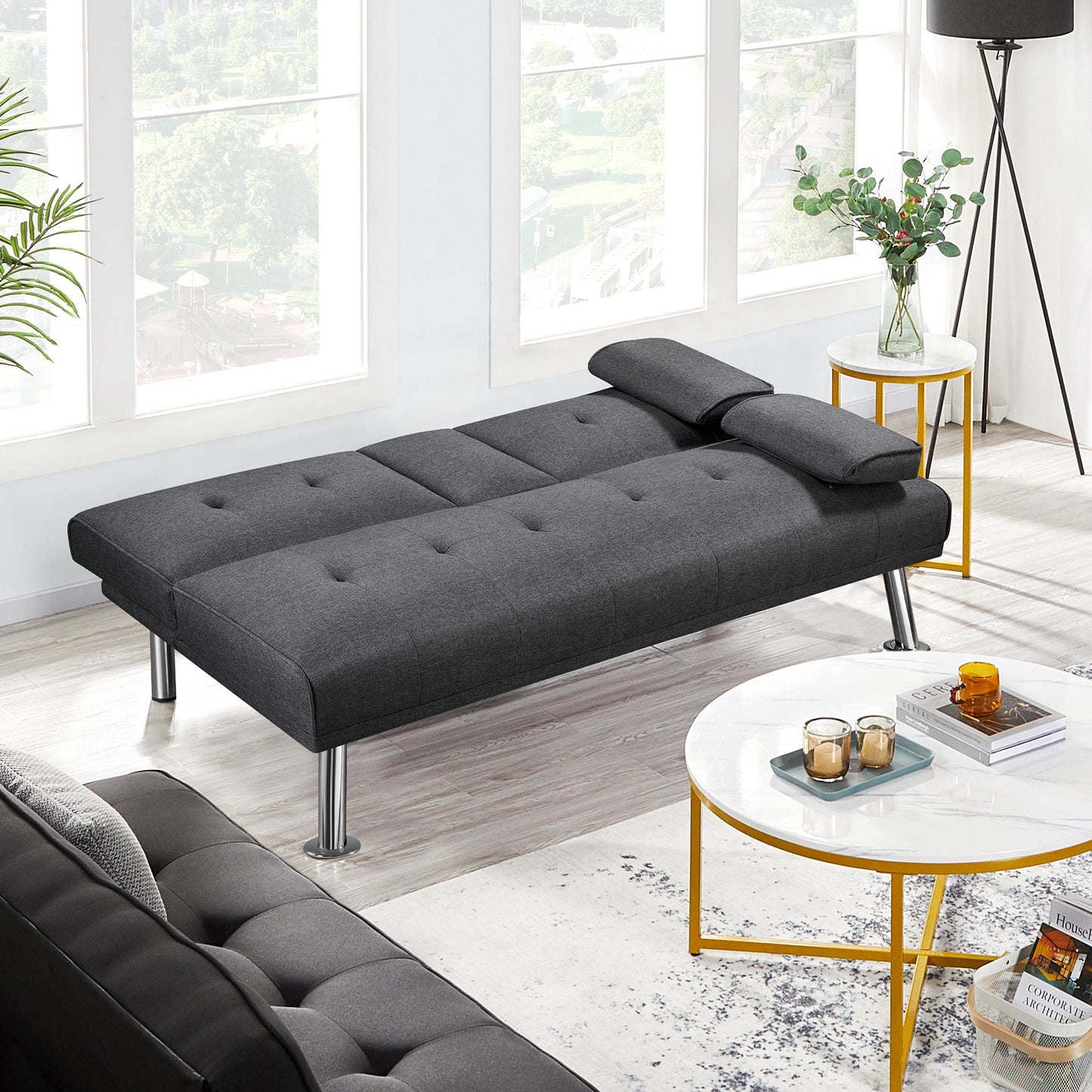 Yaheetech Dark Grey 3-in-1 Convertible Upholstered Cup Holder Sofa Bed