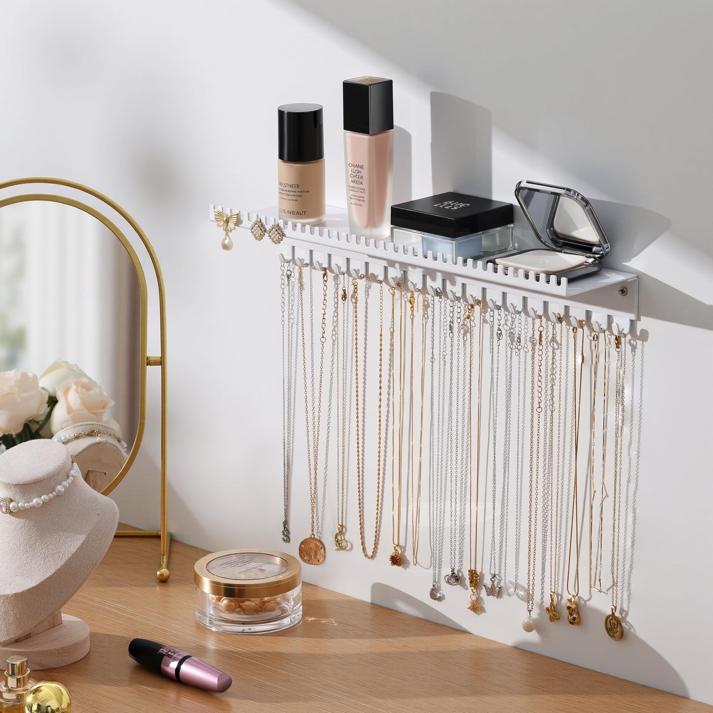 Josmimic Necklace Holder Wall Hanging Organiser: Wall Mounted Jewellery Shelf with 56 Hooks and Tray, Display Hanger for Kids, Girls and Women