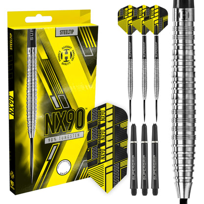 Harrows NX90 90% Tungsten Steel Tip Darts Set 21g, 22g, 23g, 24g, 25g & 26g - Includes Black Supergrip Midi Shafts & Micron NX90 Flights (24g)