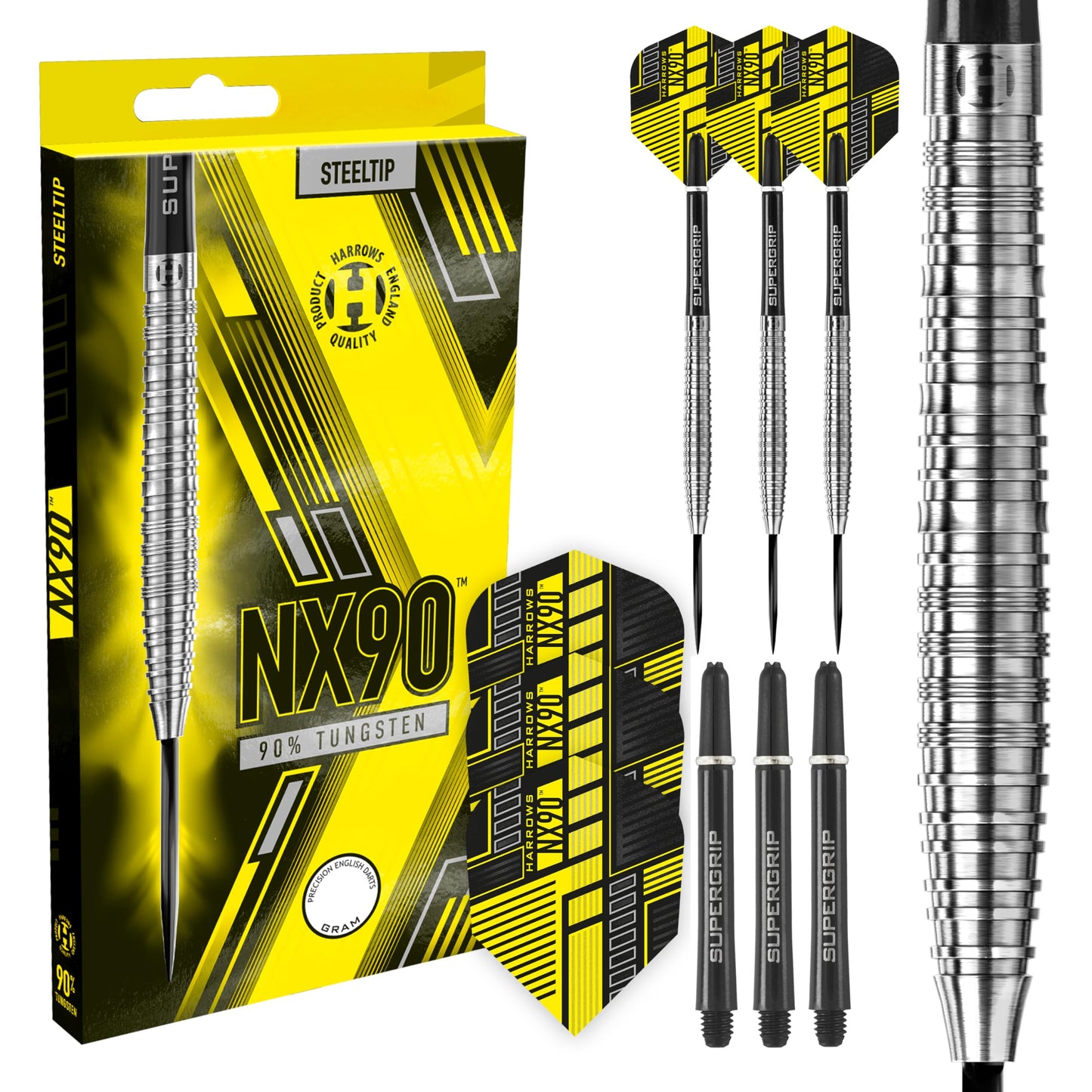Harrows NX90 90% Tungsten Steel Tip Darts Set 21g, 22g, 23g, 24g, 25g & 26g - Includes Black Supergrip Midi Shafts & Micron NX90 Flights (25g)
