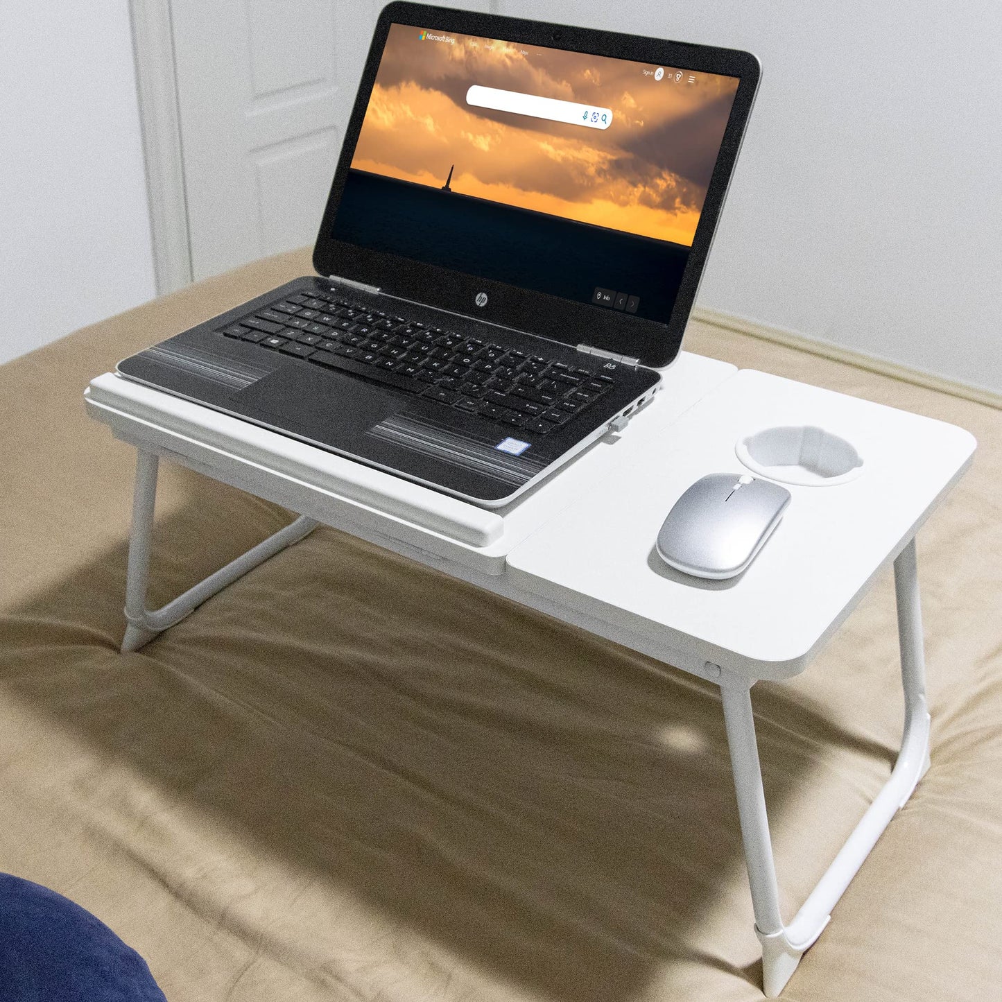 Laptop Desk, Laptop Bed Table with Foldable Legs & Cup Slot, Reading Holder Notebook Stand Breakfast Bed Tray Book Holder for Sofa, Bed, Terrace