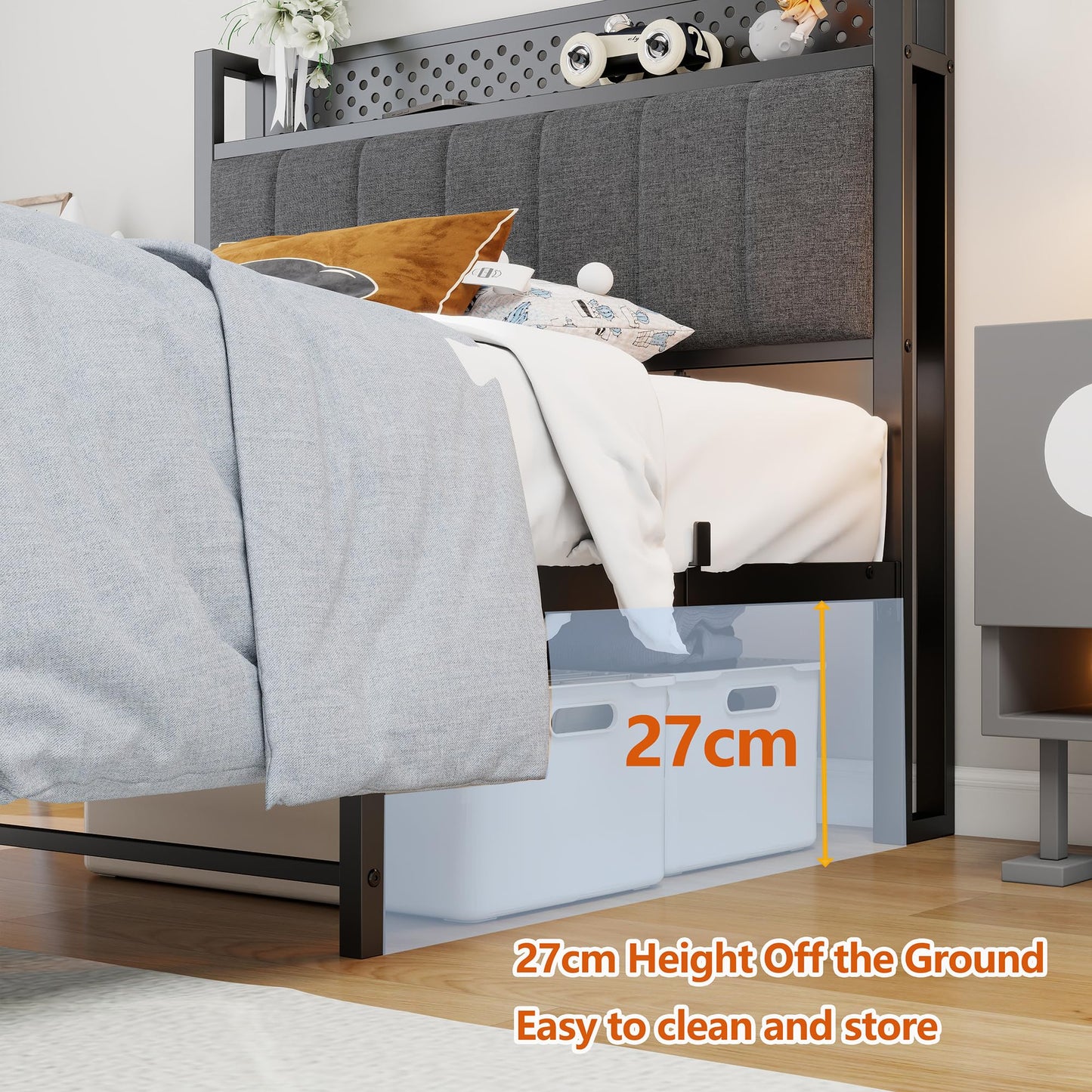 MOFLUT Single Bed Frame with Storage Headboard Shelf, No Box Spring Needed