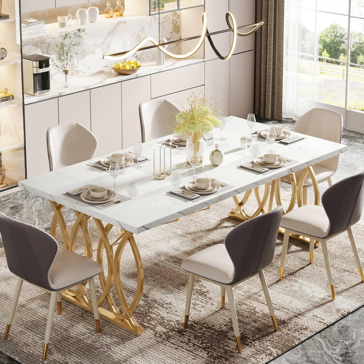 LITTLE TREE Modern Dining Table for 4-6 People, 63" Large Rectangular Kitchen Table with Faux Marble Tabletop and Geometric Legs