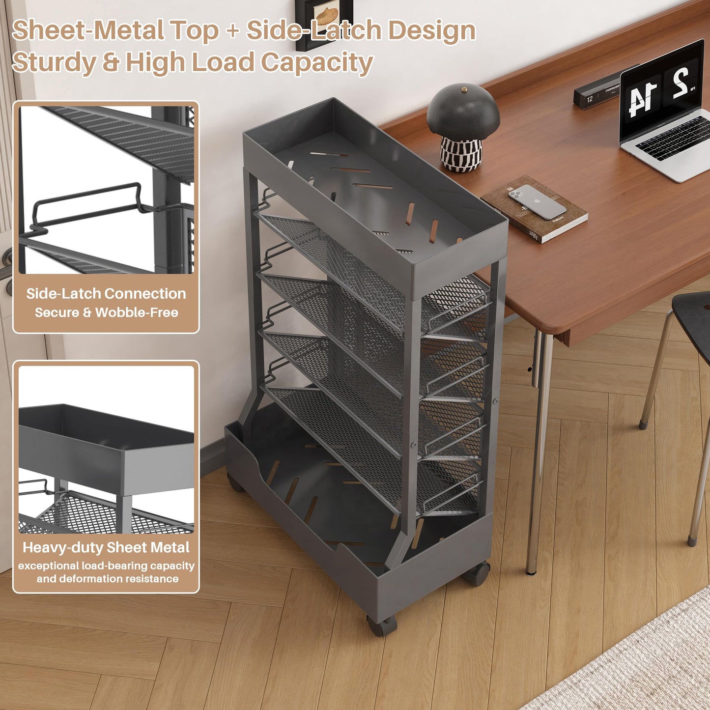 Ornestia Metal Book Trolley, Mobile Storage Bookcase with Wheels(Grey)
