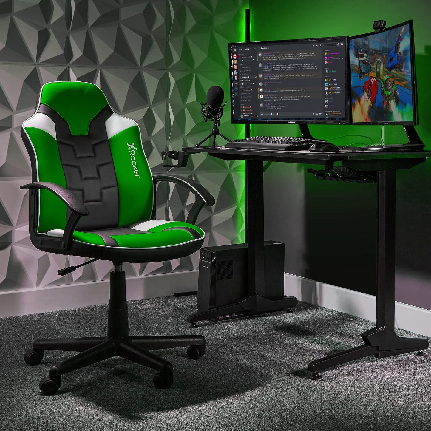 X-Rocker Saturn Mid Back Compact Gaming Chair for Kids & Teens - Ergonomic, Comfortable, Height Adjustable, Wipe-Clean Faux Leather - Black/Green