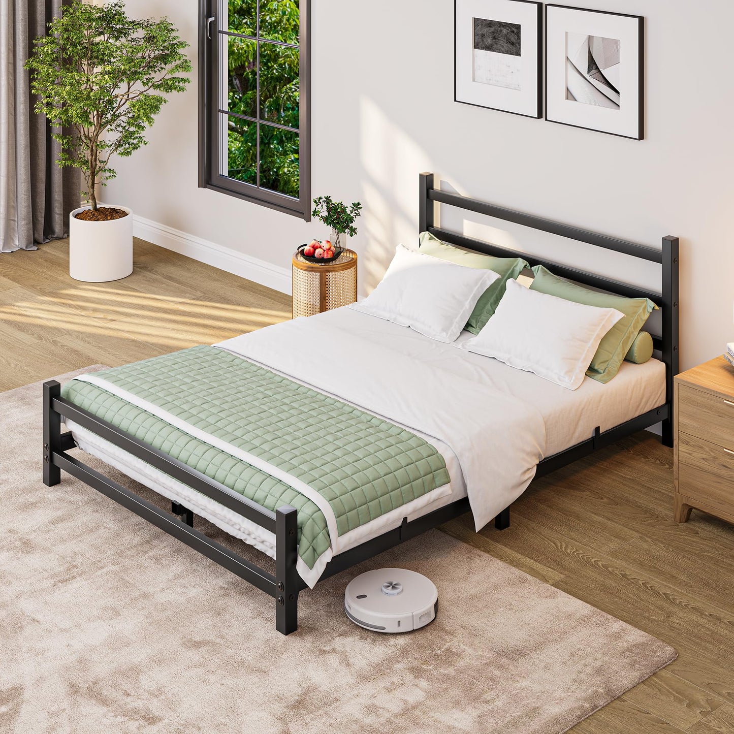 HOMERECOMMEND Double Bed Frame With Headboard,4ft6 Floor Bed Frame,Black
