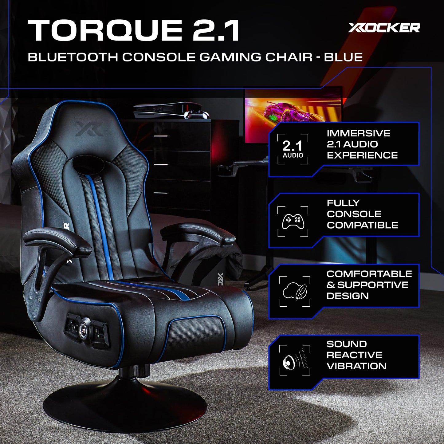 X-Rocker Torque Console Gaming Chair, 2.1 Stereo Audio Gaming Seat - Bluetooth Connectivity, Reactive Vibration, Foldable Base