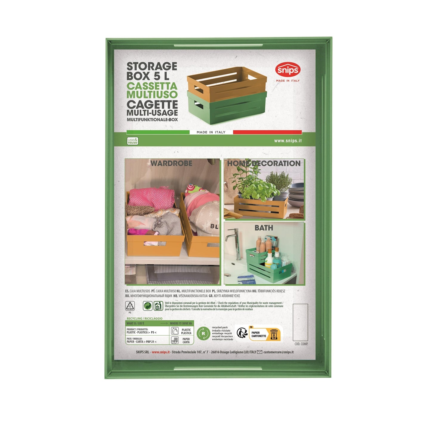 Snips Ambiente Open Storage Box 5 L, Green, Stackable, Made in Italy