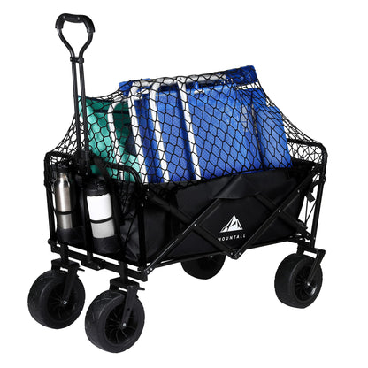 Heavy Duty Folding Wagon With Large Wheel, Trolley Cart Outdoor Transport Trailer Foldable Outdoor Garden Utility Wagon/Trolley with Cover Bag Black