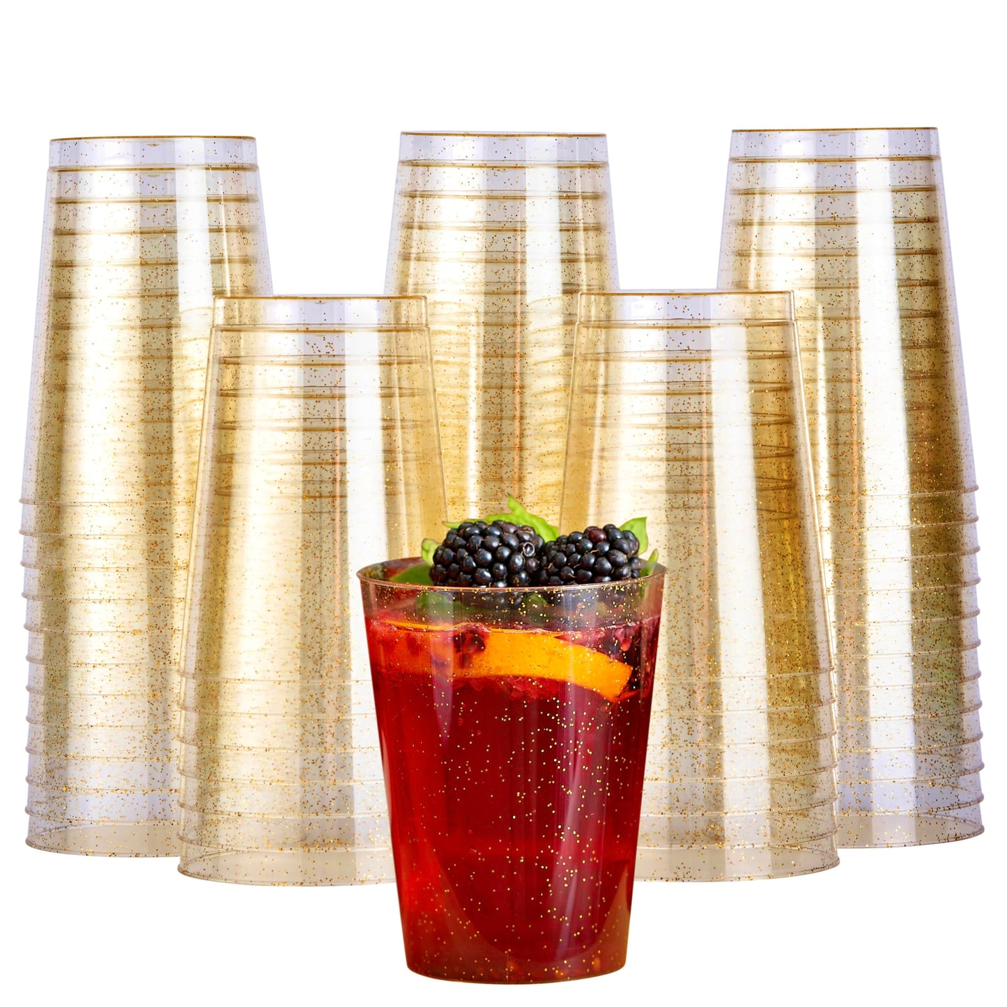 MATANA 50 Premium Clear Hard Plastic Cups with Gold Glitter, Gold Party Cups (280ml / 10oz) - Reusable Glasses, Tumblers for Drinks, Cocktail,