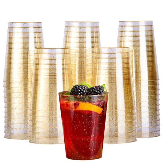 MATANA 50 Premium Clear Hard Plastic Cups with Gold Glitter, Gold Party Cups (280ml / 10oz) - Reusable Glasses, Tumblers for Drinks, Cocktail,