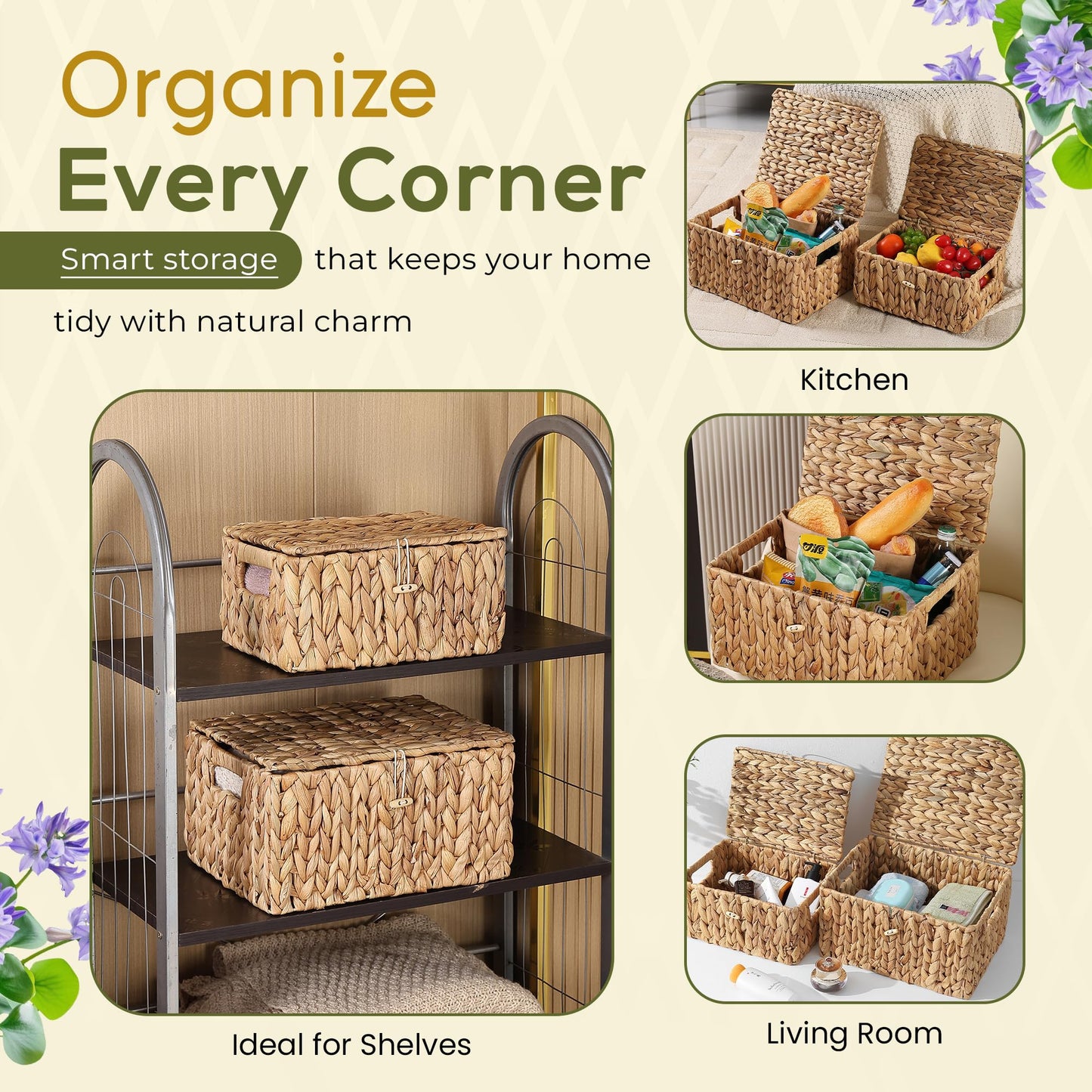 MOOKOMI set of 2 wicker basket with lid - water hyacinth storage baskets, woven basket with lid for organizing