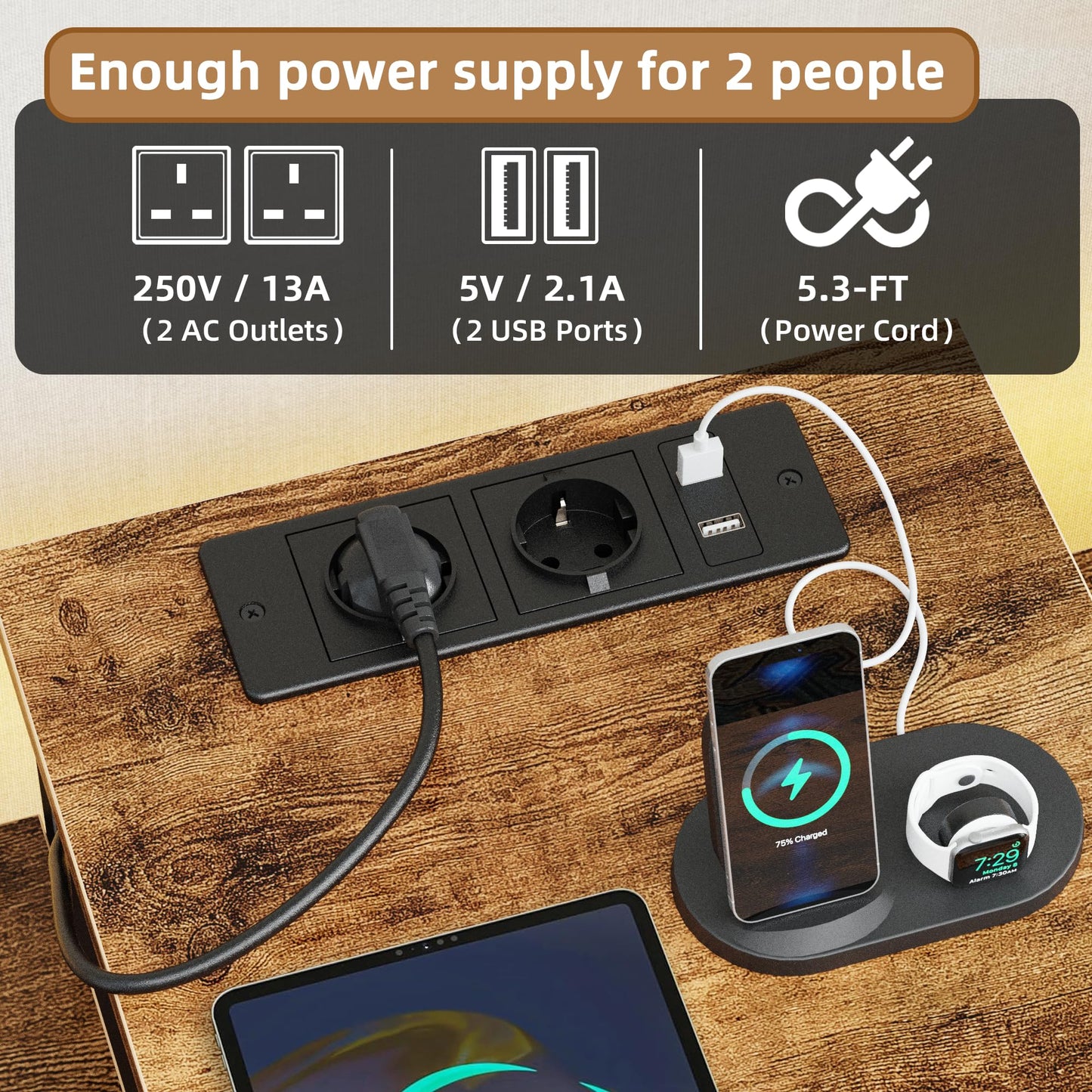 OYRREU 236cm Double Desk with Charging Station, LED & Drawers for 2 Person