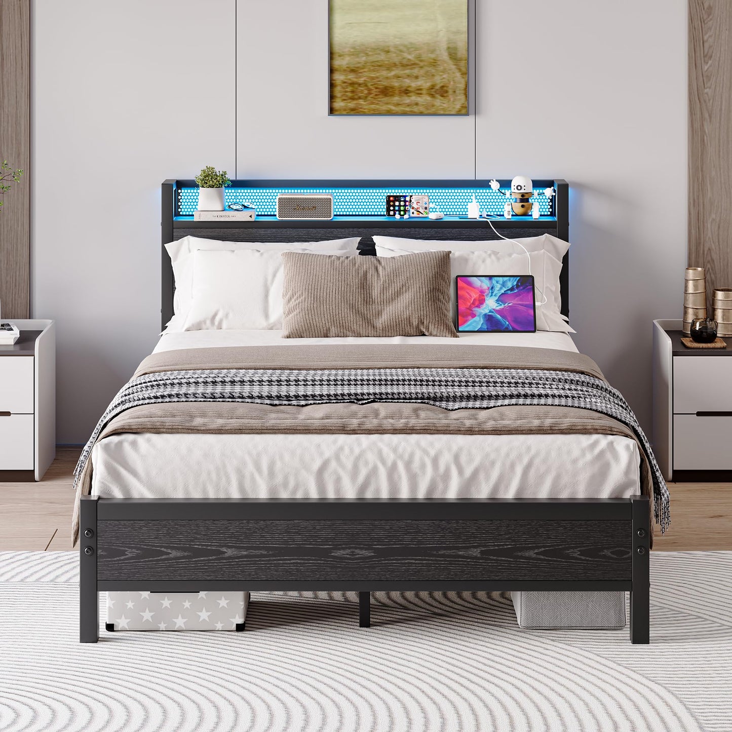 BORPHOM King Size Bed Frame with Storage Shelf Wooden Headboard,LED Lights,5ft Metal Bed Frames Kingsize Bed with Charging Station,Mattress