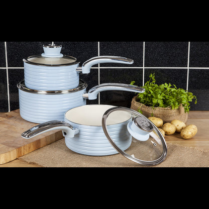 Swan SWPS3020BLN Retro Induction Saucepan Set With Glass Lids, Non Stick Ceramic Coating, Easy to Clean, Blue, 3 Piece, 16/18/20 cm