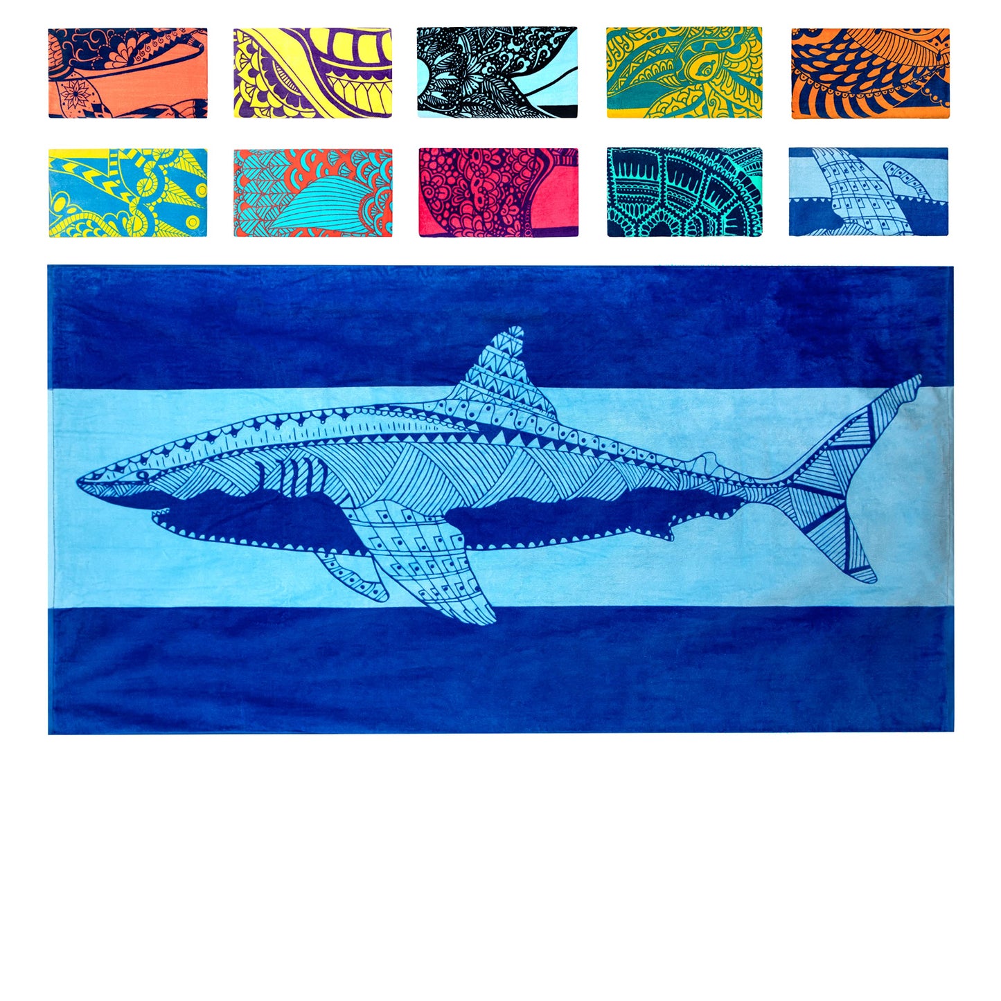 Nova Blue Shark Beach Towel – Blue with A Tropical Design, Extra Large, XL (34”x 63”) Cool Hawaiian, Navy Beach Towel with Light Blue Stripe