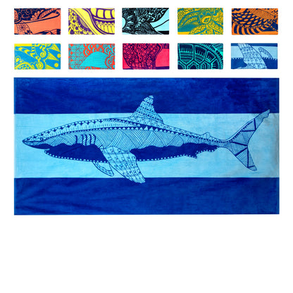 Nova Blue Shark Beach Towel – Blue with A Tropical Design, Extra Large, XL 34”x 63” Cool Hawaiian, Navy Beach Towel with Light Blue Stripe