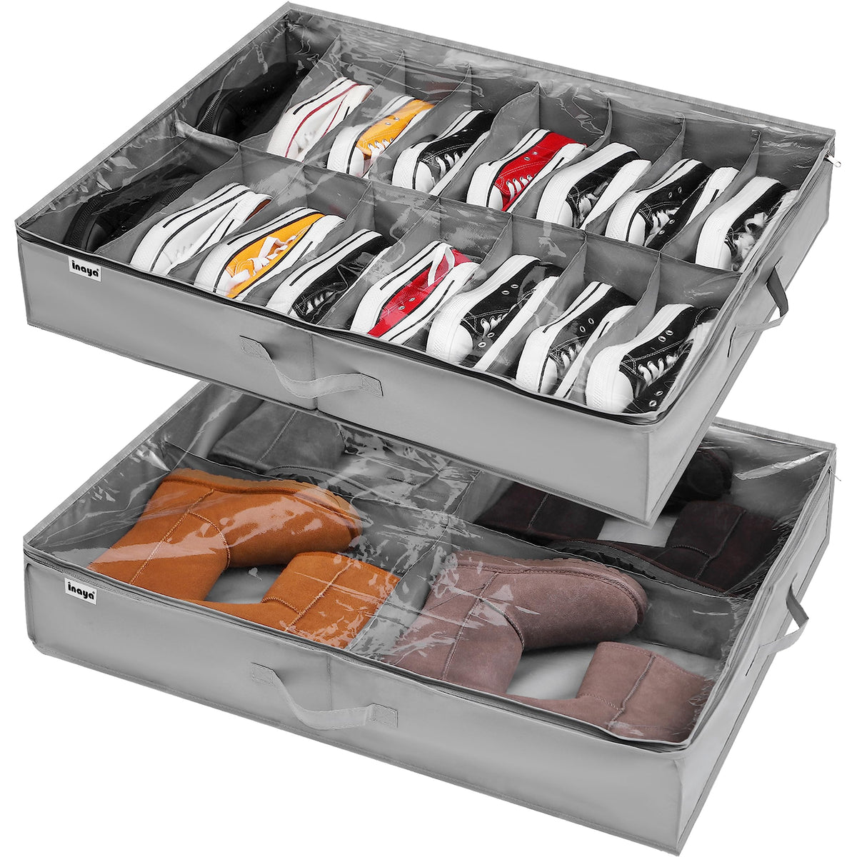 Under Bed Shoe Storage Box Set of 2, Fits 16+4 Pairs Boots Total, Underbed Shoe Storage Organiser with Reinforced Handles