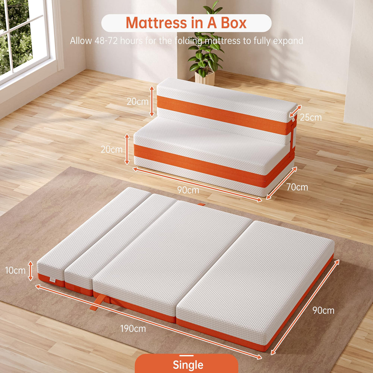 TeQsli Folding Mattress, 10cm Single Foldable Mattress, Memory Foam with Removable Washable Cover, for Guest Sofa Bed, Camping, Travel 90x190x10cm