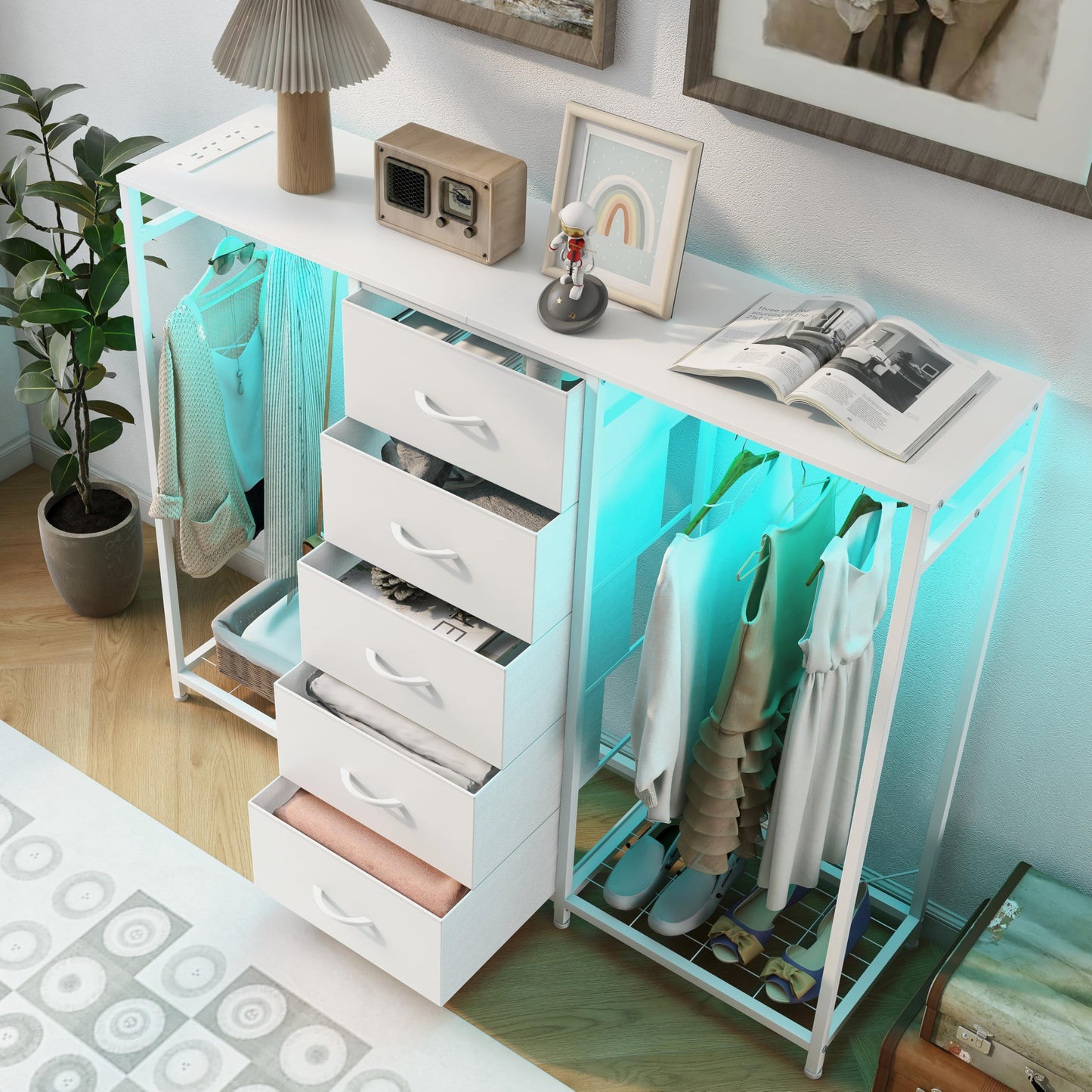 Trironsun 5 Drawer Dresser with Clothes Rack Chest of Drawers with Clothes Rail LED Lights Wardrobe Closet Drawers Charging Station Flexible Shelf