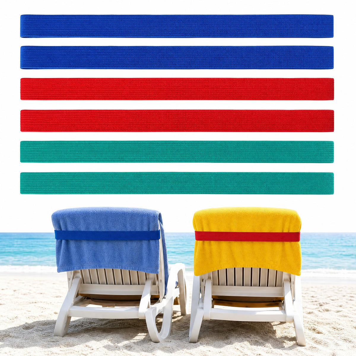 Xiansini Towel Straps for Beach Loungers 6PCS Blue Green Red Polyester 40x3.8cm, Beach Towel Bands for Sun Loungers Pool Cruise Chairs