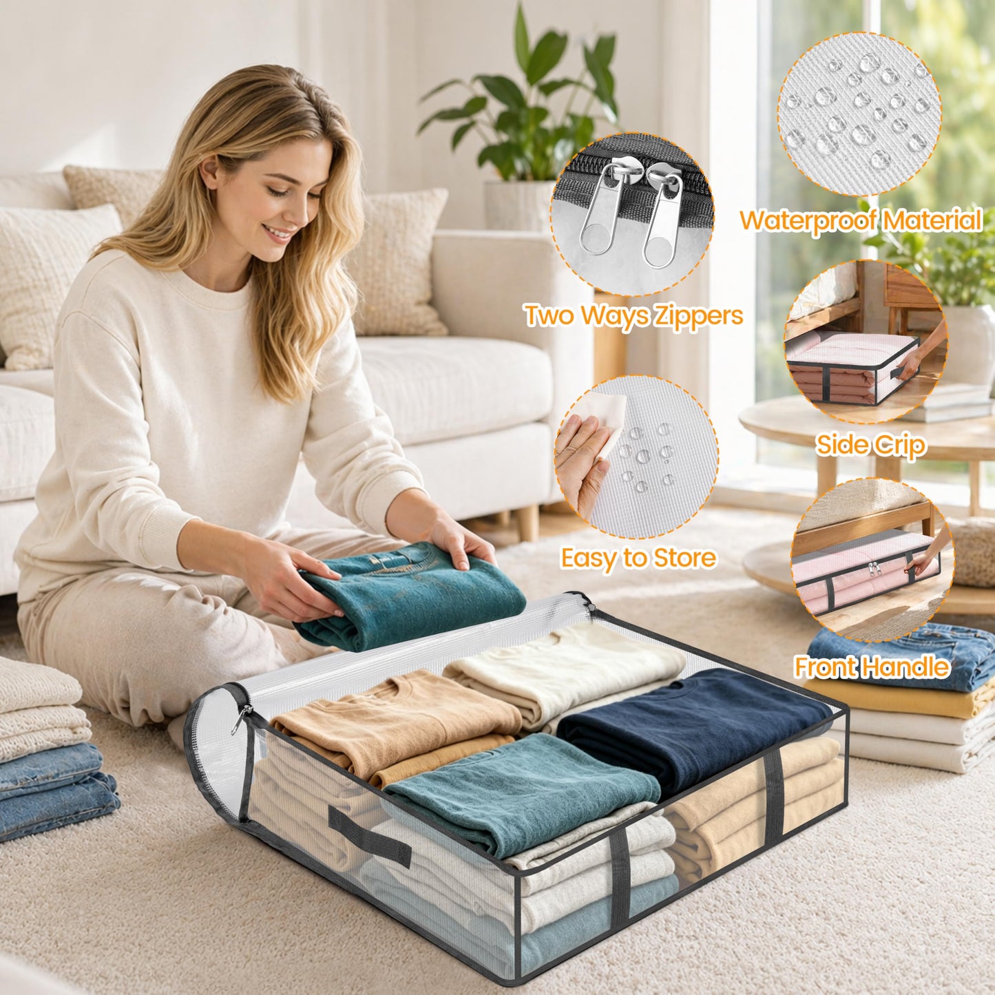 Averrex 3 pack 40L Storage Bags, Clear Under Bed Storage Box with Lids