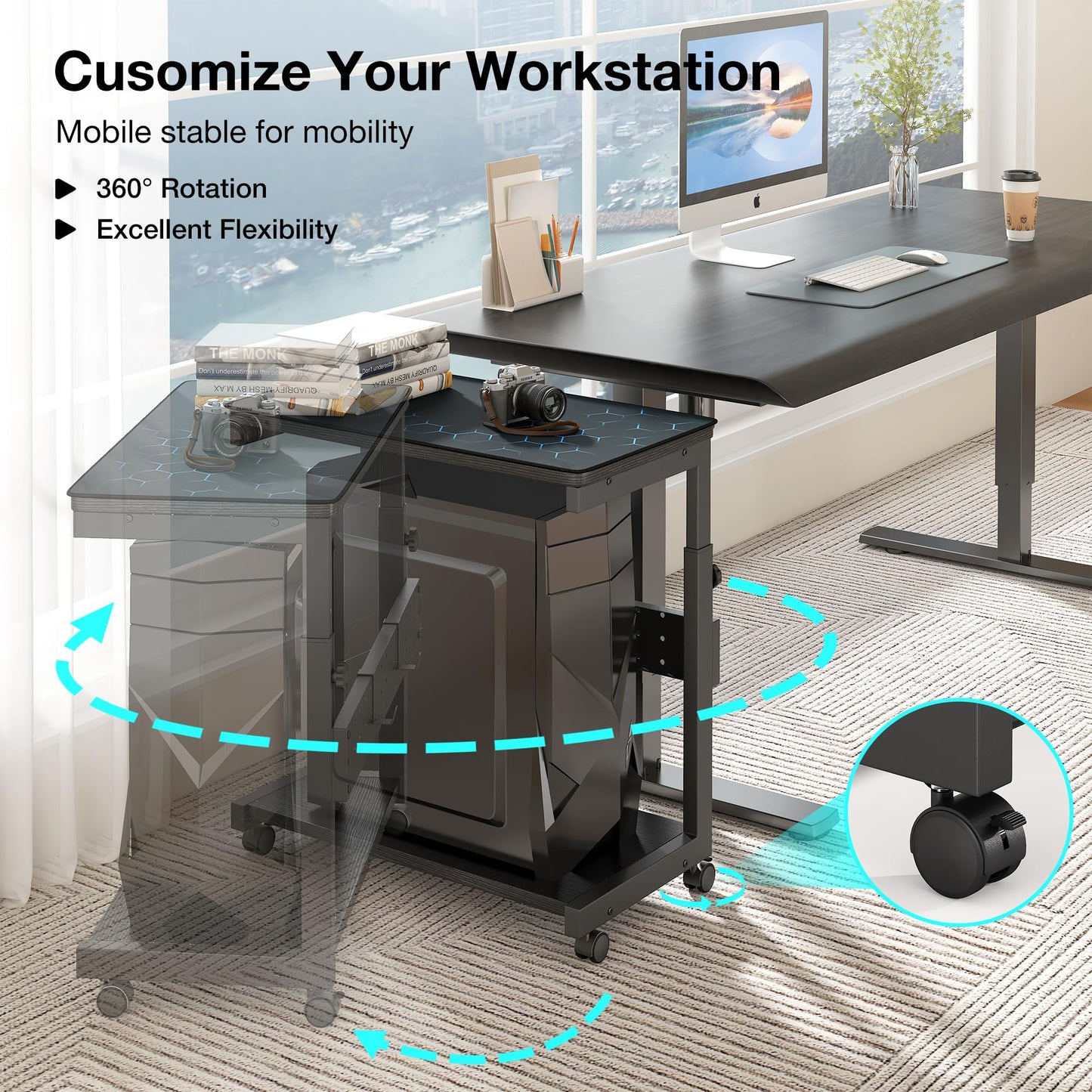 Yornoli PC Stand Height Adjustable Computer Tower Stand with Large Mouse Mat CPU Floor Stand Under Desk with Lockable Castor Wheels Sturdy PC Trolley