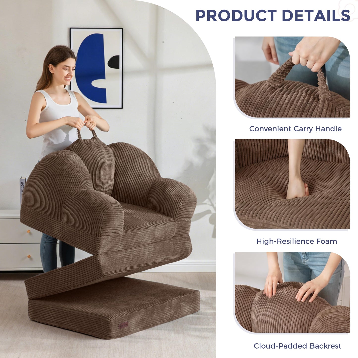 MAXYOYO Folding Sofa Bed with Backrest, Floral Shaped 2 in 1 Convertible Sofa to Comfy Faux Fur Bean Bag Chair for Adults