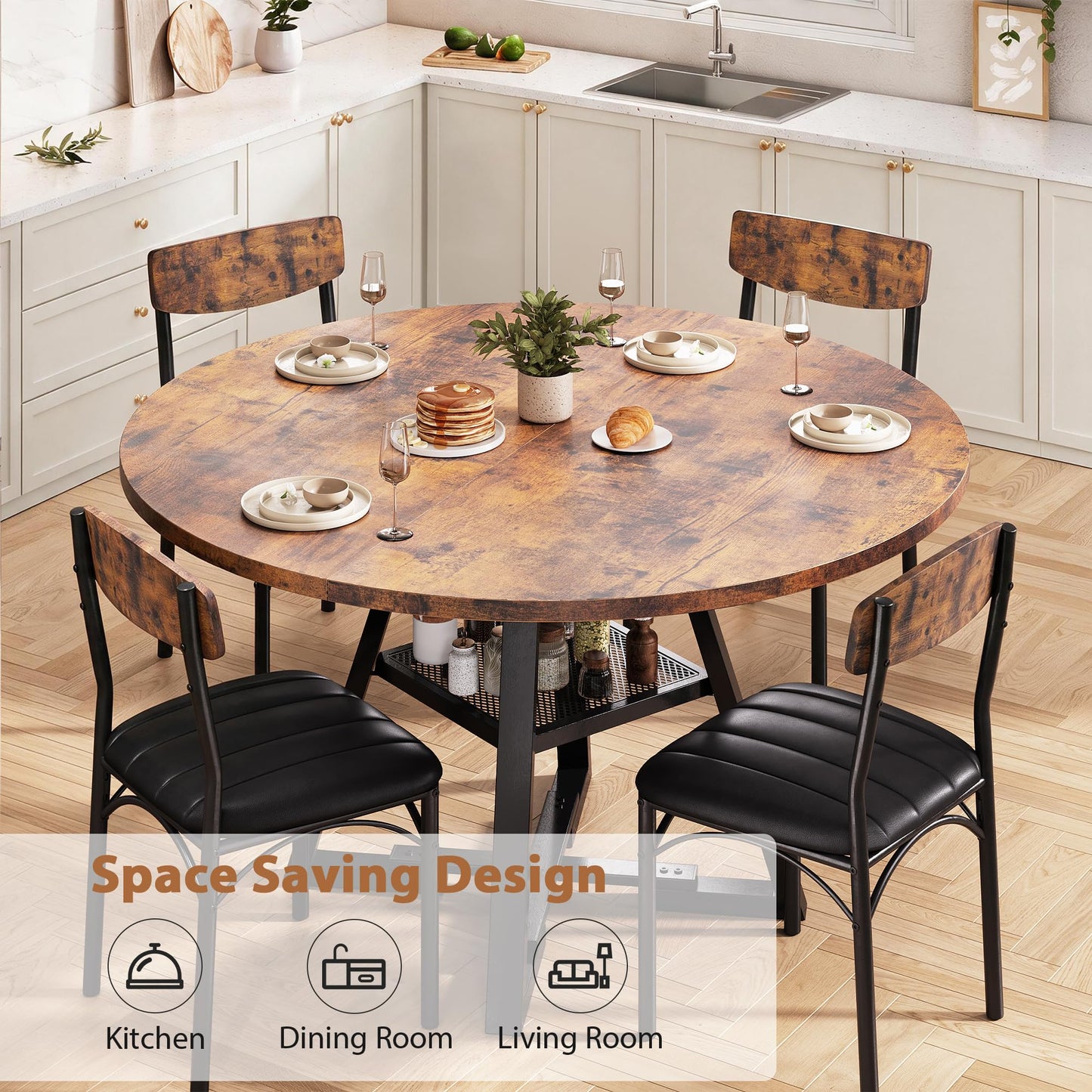 Jocoevol Round Dining Table and 4 Chairs Set of 4-6, Circle Dinner Table with Shelves, Space Saving Wood Kitchen & Dining Room Furniture