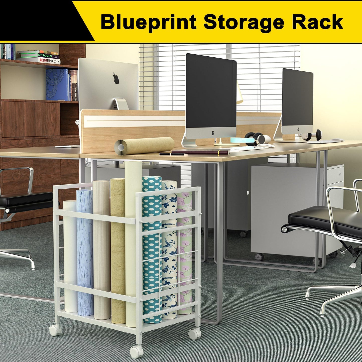 Jowkou Blueprint Storage Rack Cart with Wheels, 20-Slot Blueprint Holder, Construction PlanMap Holder, Blueprint Storage Organiser Table, White