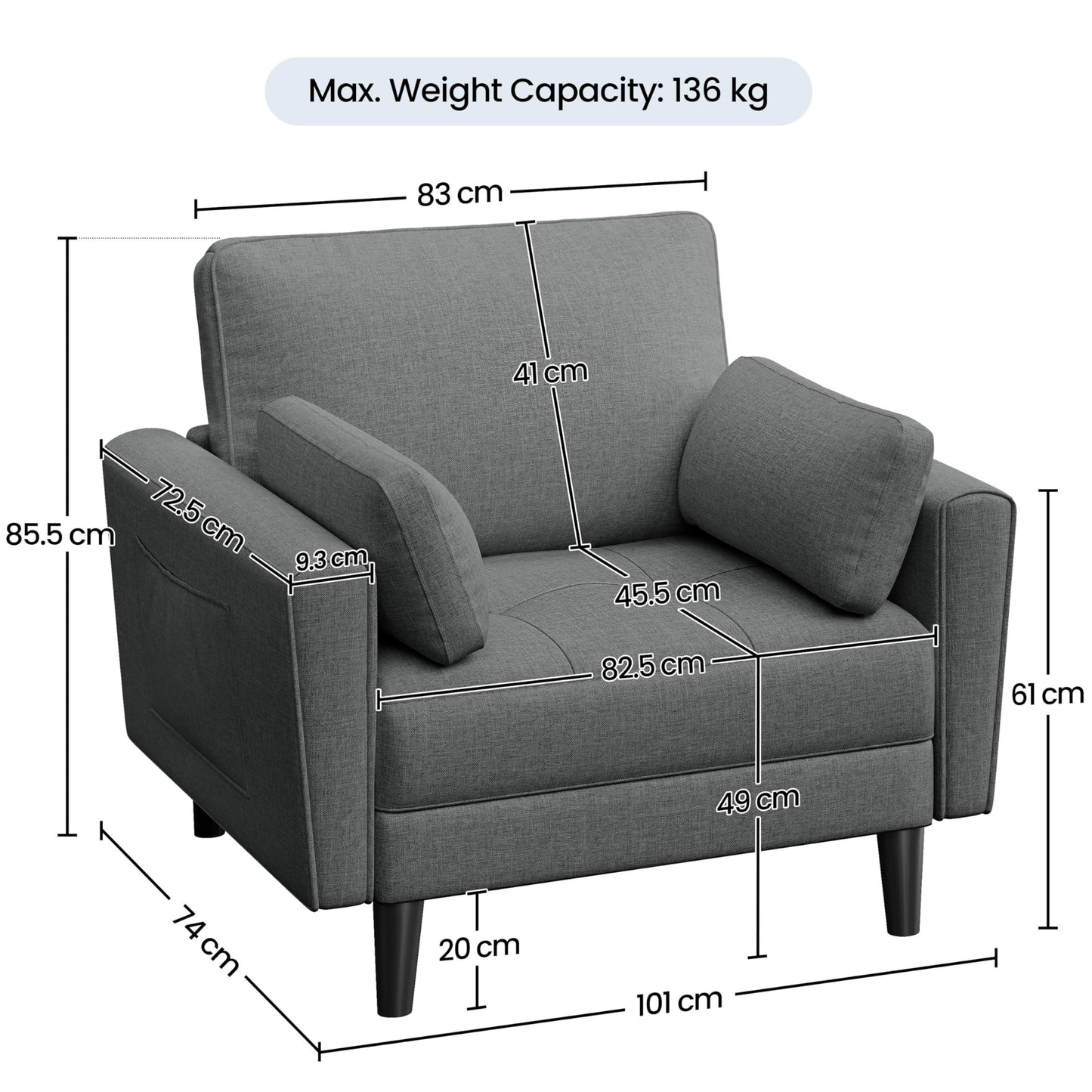 Yaheetech Dark Grey Fabric Oversized Ergonomic High Back Lounge Armchair