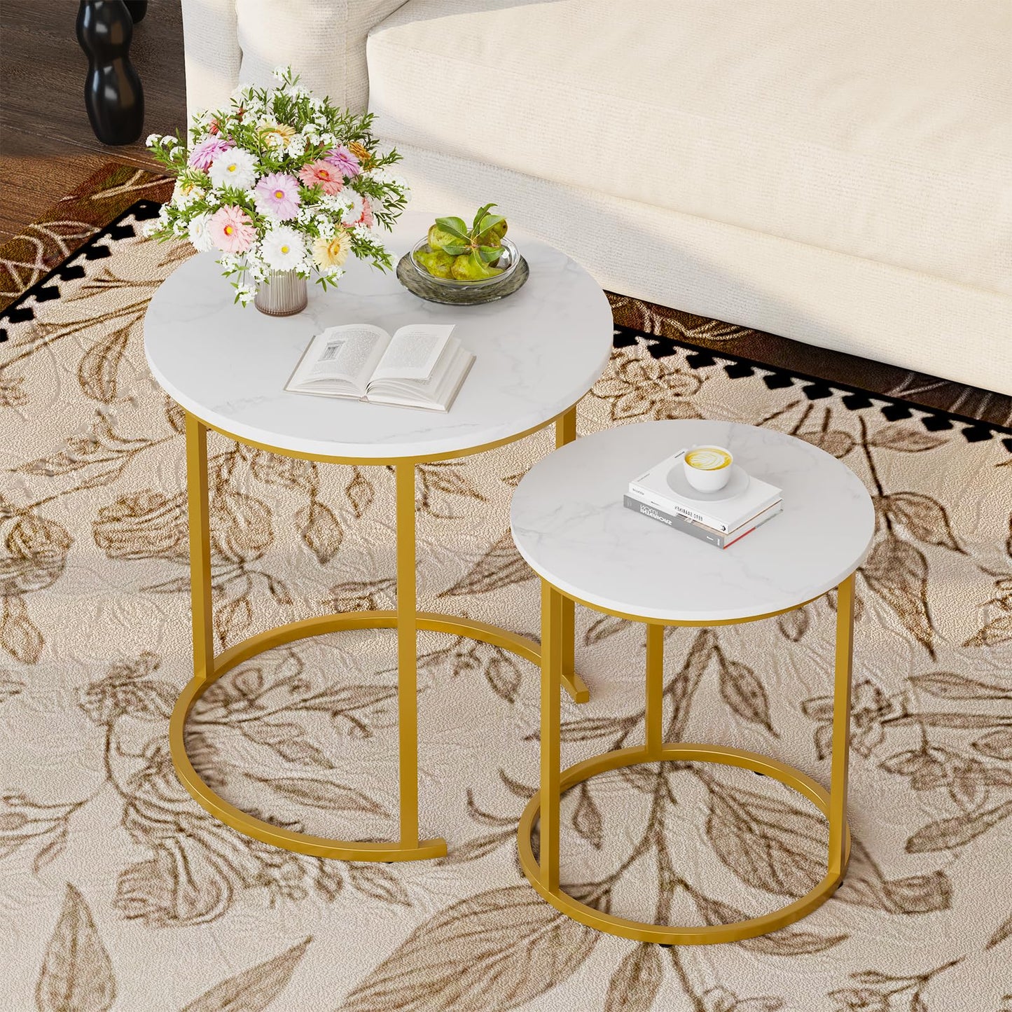 Garden 4 you Round Coffee Table for Living Room,White Nest of Tables Set of 2,Nesting Tables End Table for Living Room, Bedroom, Office, Balcony